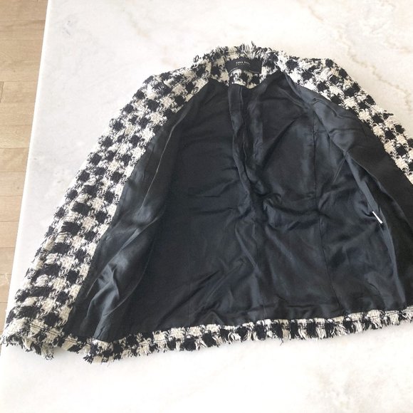 Zara frayed checked blazer black & white woven houndstooth jacket / coat, size S - Picture 7 of 10